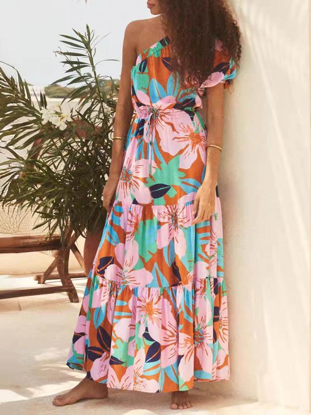 Elegant Off-Shoulder Palm Leaf Floral Print Holiday Dress