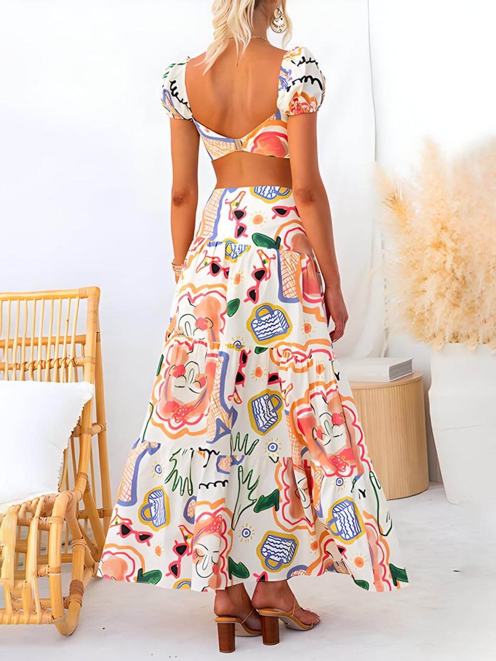 Stylish Wrap Summer Skirt & Printed Top Two-Piece Set
