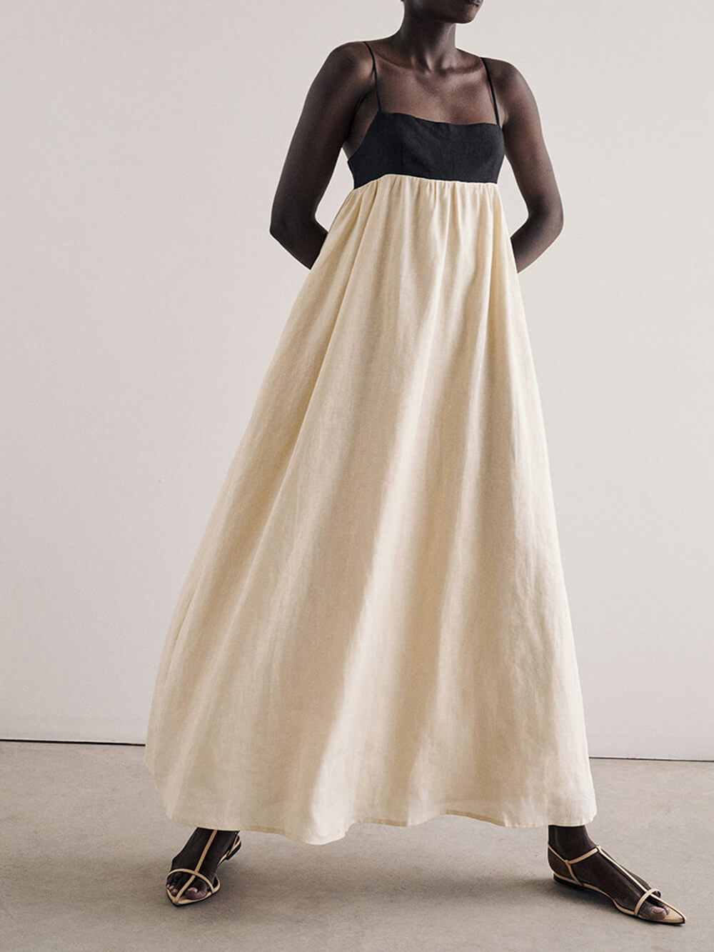 Black and White Loose-Fit Maxi Dress with Suspender-Style Patchwork Details