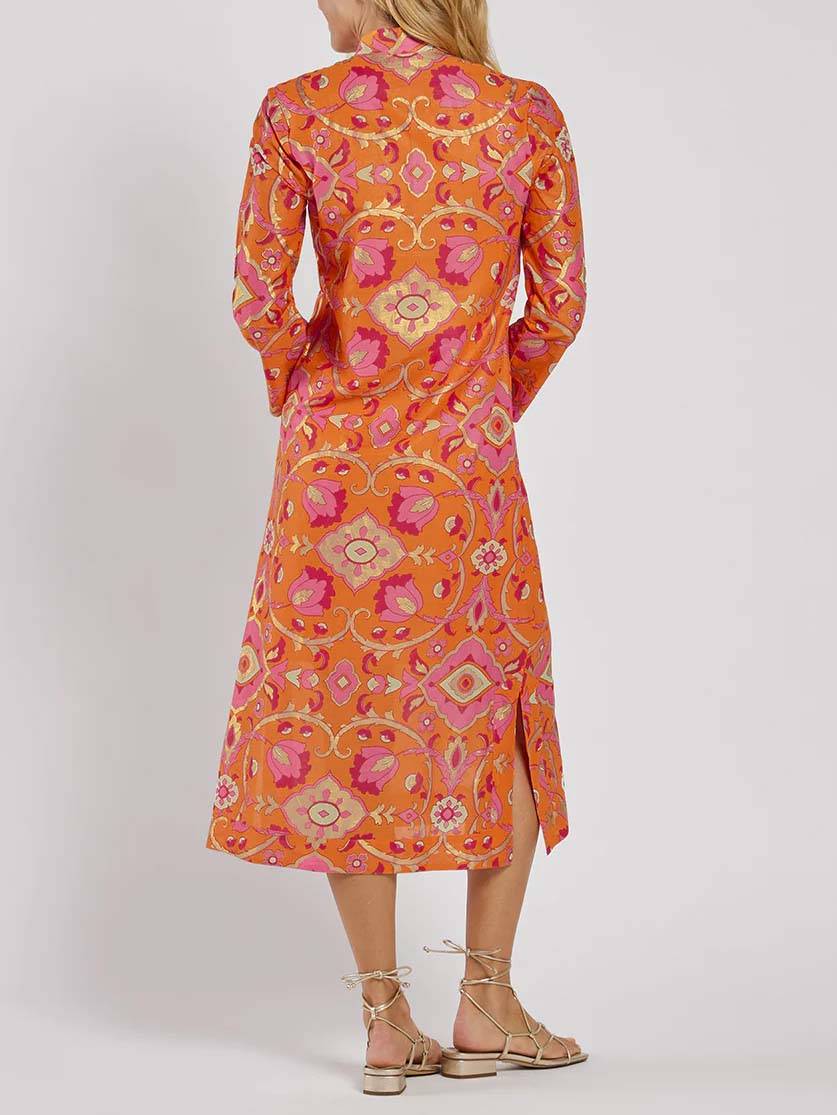Printed Midi Dress with Elegant Stand Collar
