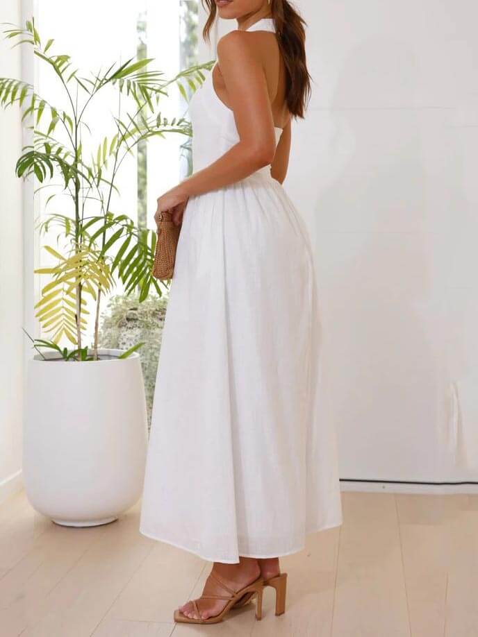 Elegant Little Black Halter Neck Midi Dress with Waist-Defining Fit