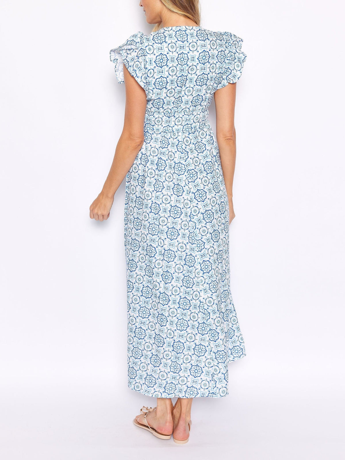 Blue Medallion V-Neck Flutter-Sleeve Maxi Dress