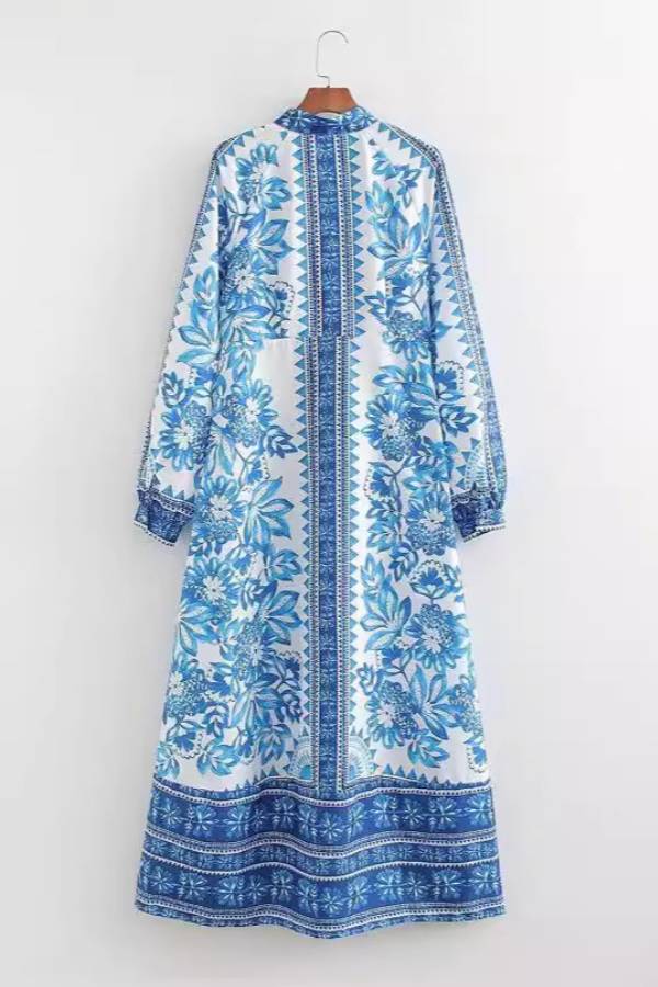 Stylish Unique-Print Button-Down Long-Sleeve Maxi Dress