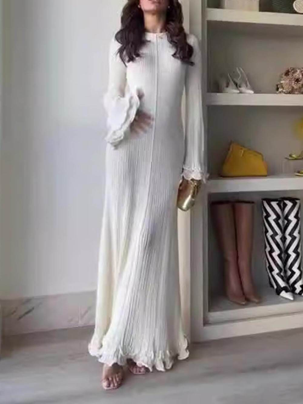 Elegant Knitted Maxi Dress with Trumpet Sleeves, Rolled Hem, and Round Neck