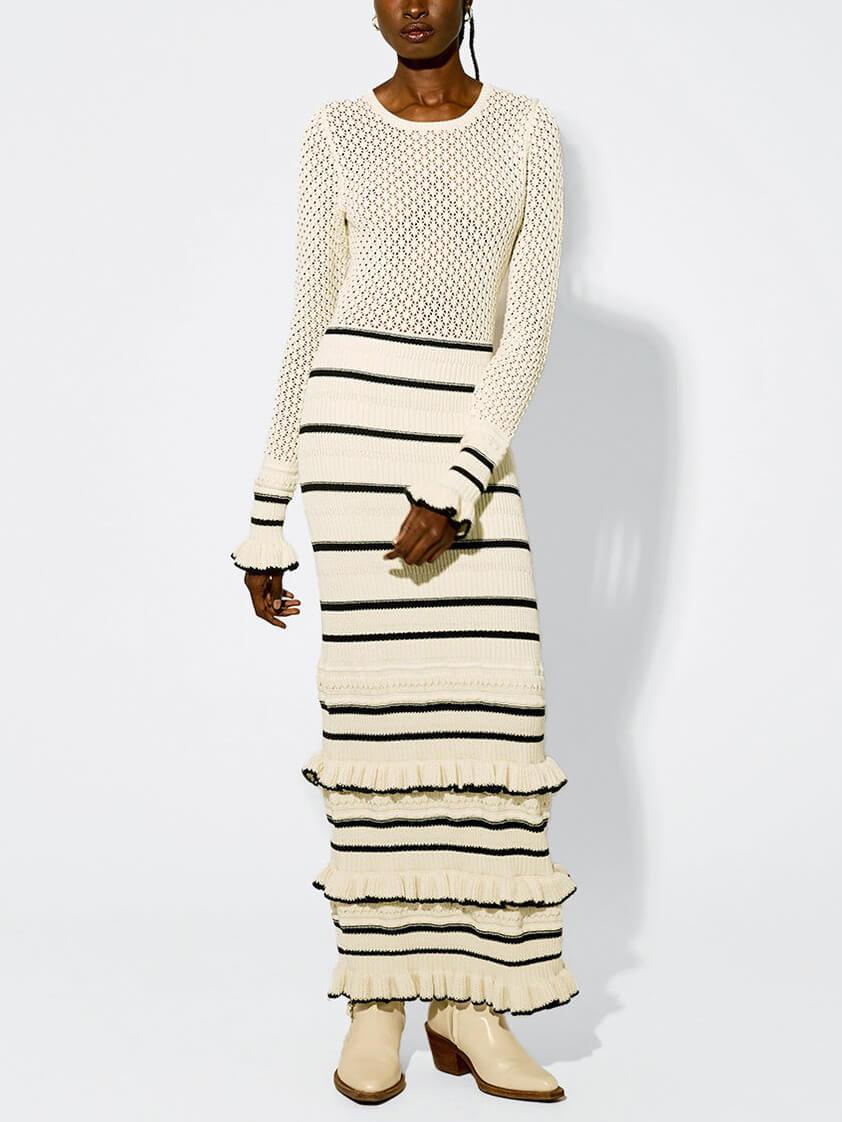 Striped Knit Maxi Dress with Ruffle Details and Long Sleeves