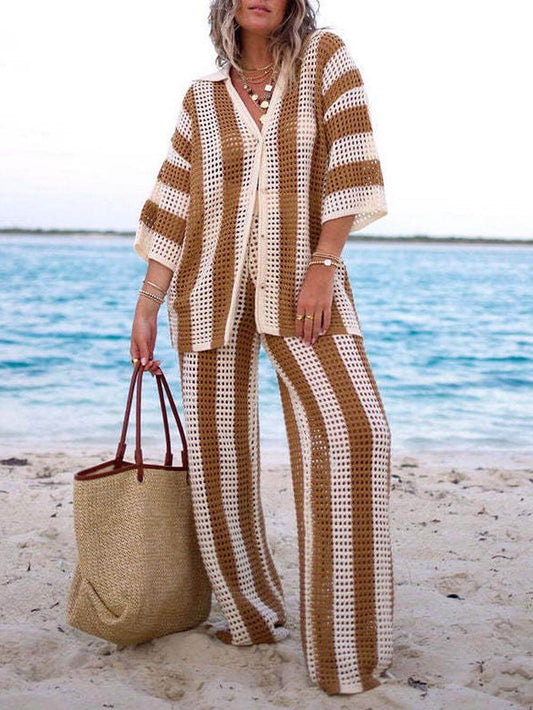 Stylish V-Neck Hollow-Out Striped Shirt and Wide-Leg Pants Set