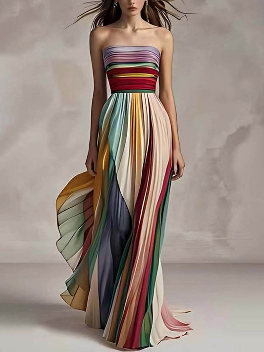 Elegant Striped Off-Shoulder Pleated Bandeau Maxi Dress