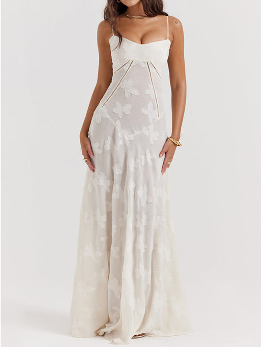 Vintage Cream Floral Lace-Back Maxi Dress
