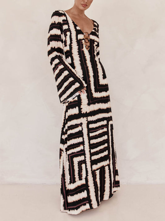 Flattering V-Neck Maxi Dress with Unique Print and Tie Ring Detail