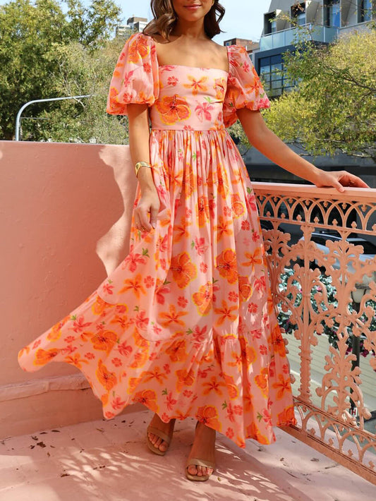 Floral Print Maxi Dress with Puff Sleeves, Smocked Back & Pockets
