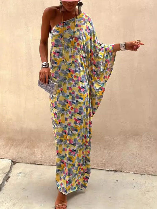 Casual Holiday Ink-Dye Print Off-Shoulder Maxi Dress