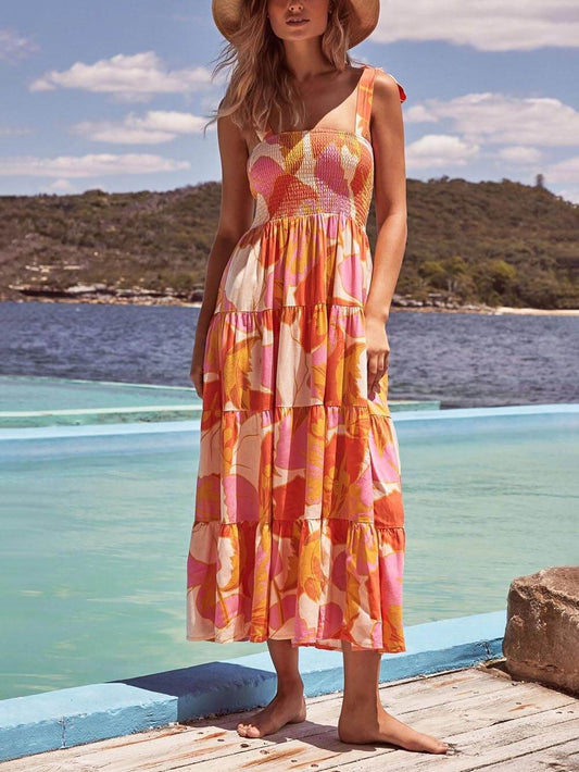 Sleeveless Sea Charm Pleated Cami Dress with Stretch Fit and Chest Print