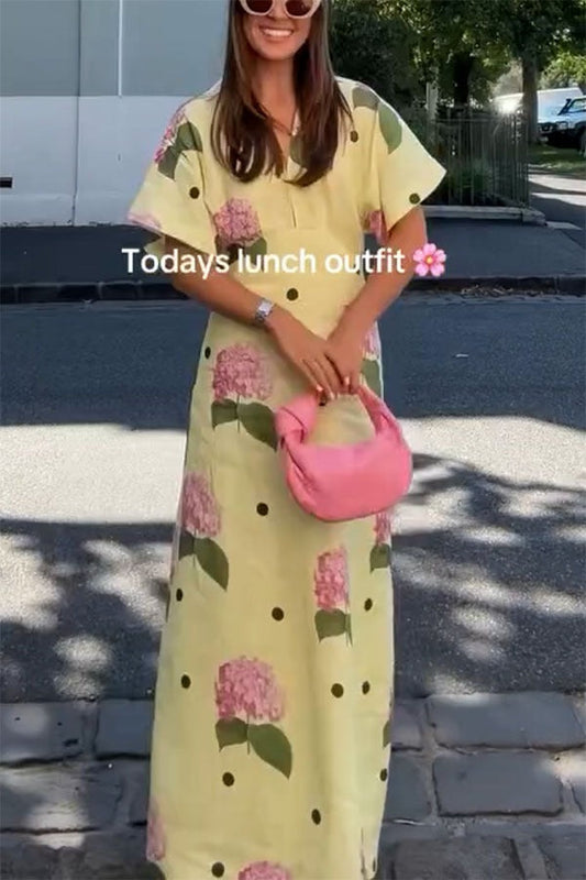 Jasmine Linen-Blend Floral Polka-Dot Maxi Shirt Dress with Wide Sleeves