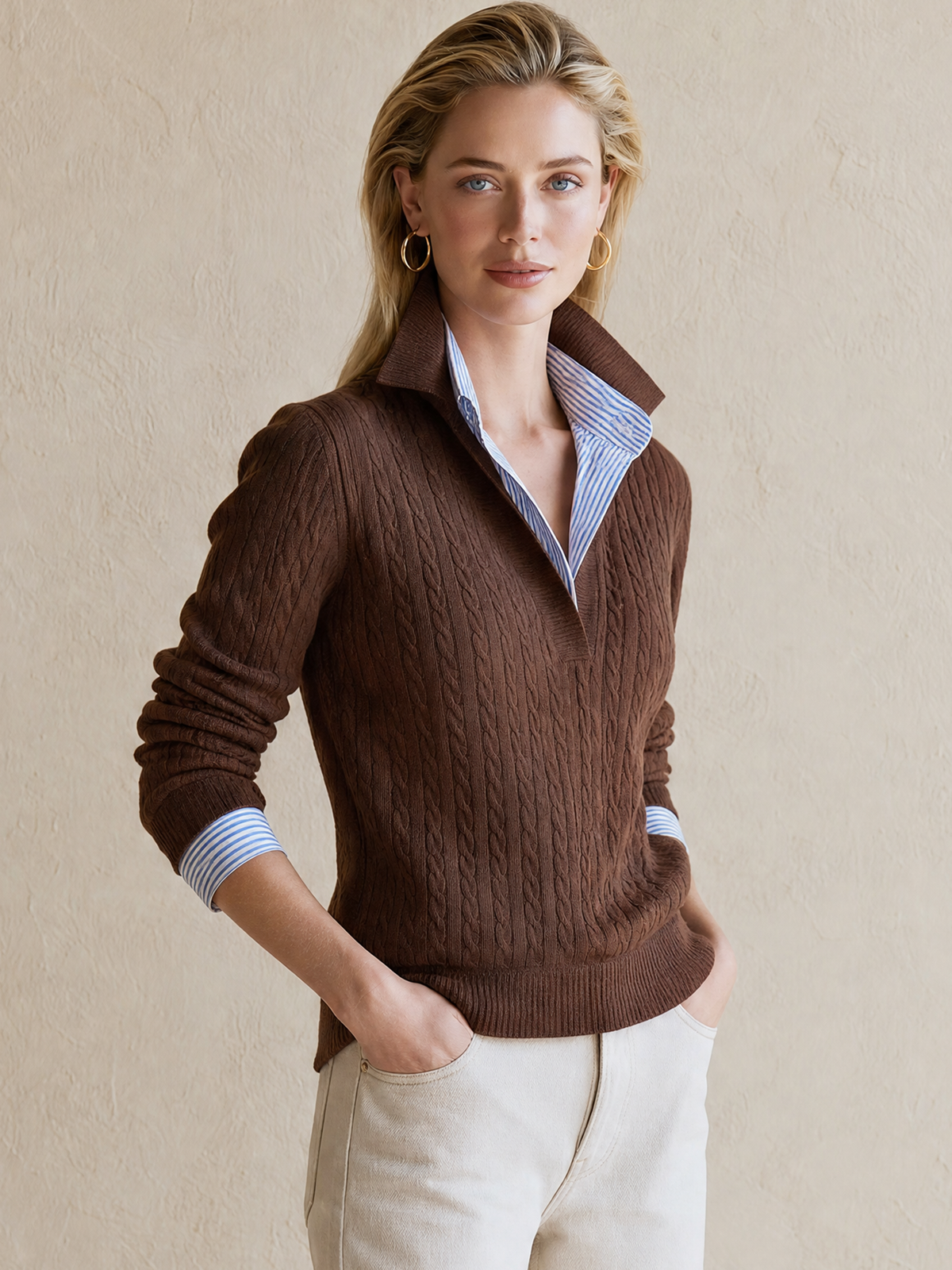 Brown Cable‑Knit Collared Layer Pullover Sweater