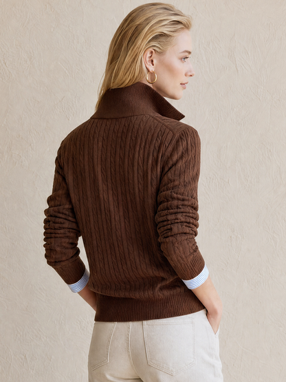 Brown Cable‑Knit Collared Layer Pullover Sweater