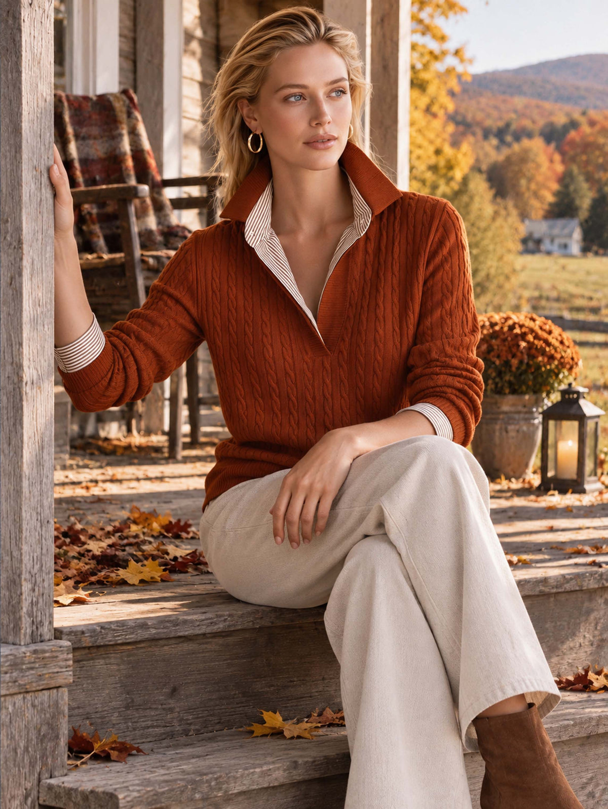 Brown Cable‑Knit Collared Layer Pullover Sweater