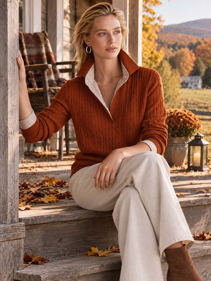 Brown Cable‑Knit Collared Layer Pullover Sweater