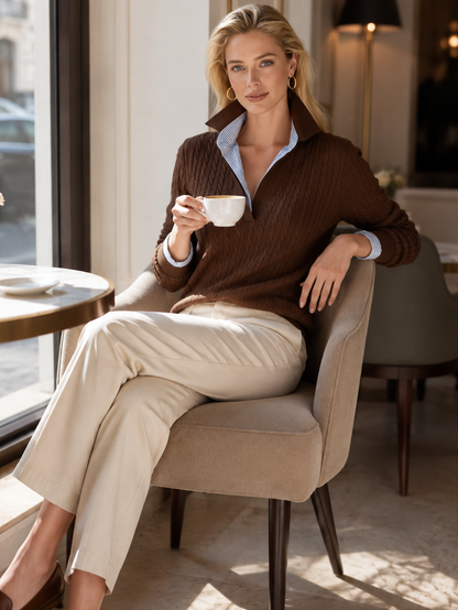 Brown Cable‑Knit Collared Layer Pullover Sweater