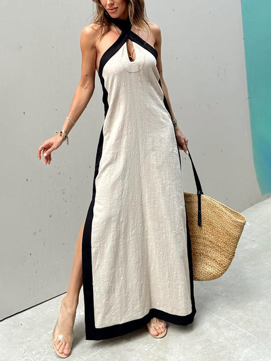Elegant Halter Neck Color-Block Maxi Dress with Side Slit