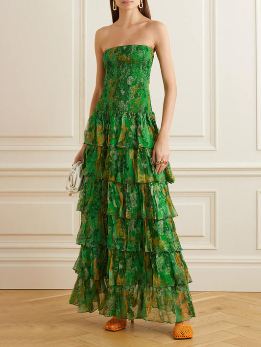 Strapless Layered Floral Print Bandeau Maxi Dress