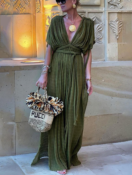 Kimono-Style Draped Braided Cover-Up Maxi Dress with Side Slit