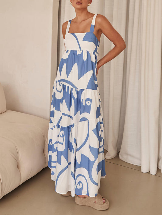 Enchanting Geometric Print Maxi Dress with Elegant Floor-Length Style