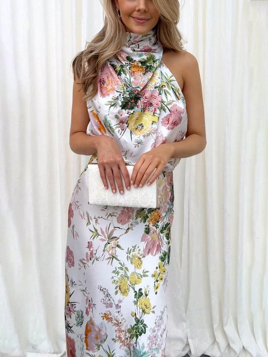 Floral Halter Neck Maxi Dress with Flattering Elastic Waist
