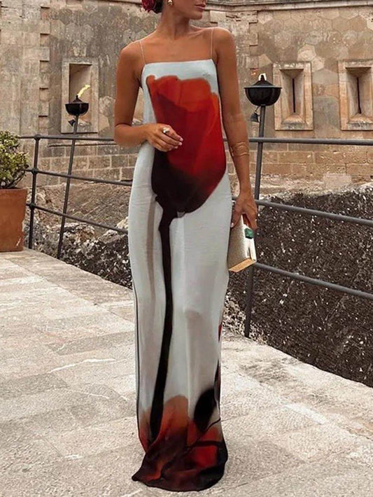 Elegant Abstract Tulip Print H-Line Maxi Dress for Vacation
