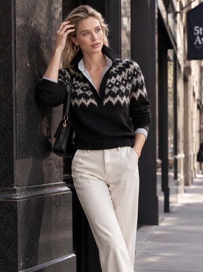 Brown Cable‑Knit Collared Layer Pullover Sweater