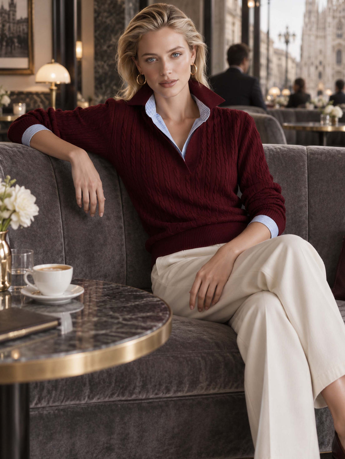 Brown Cable‑Knit Collared Layer Pullover Sweater