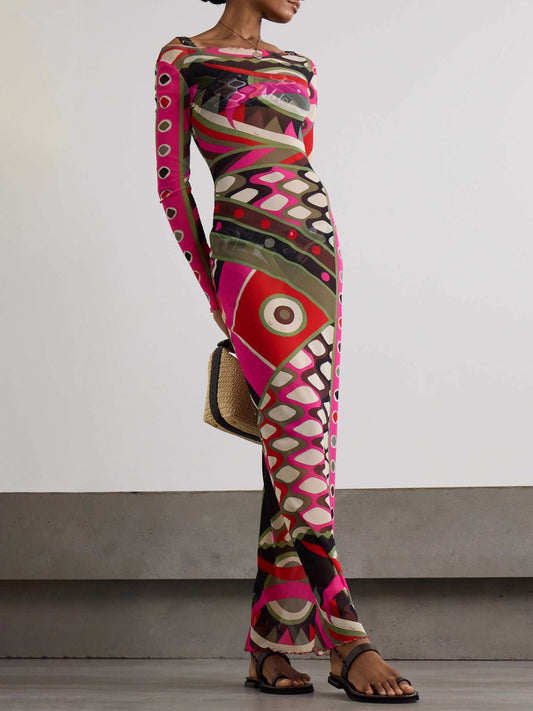 Retro-Inspired Abstract Print Hip-Wrap Maxi Dress