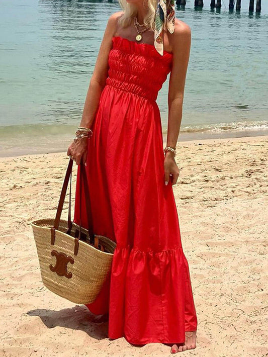 Off-Shoulder Smocked Bodice Vacation Maxi Dress