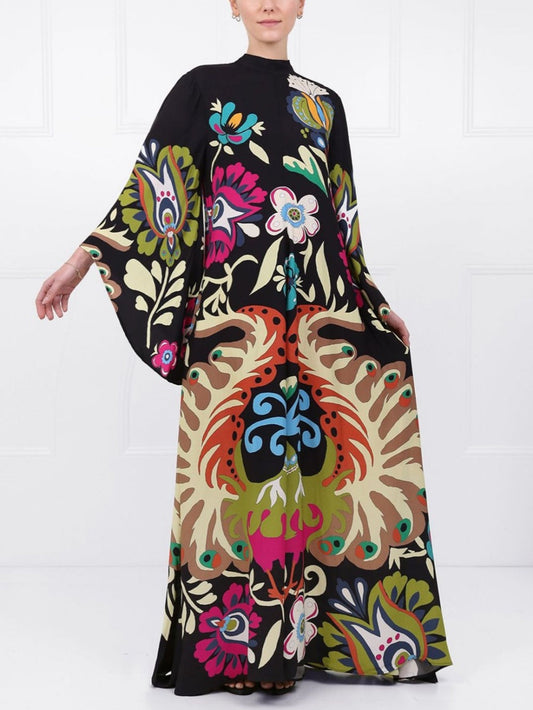 Elegant Peacock Print Maxi Dress
