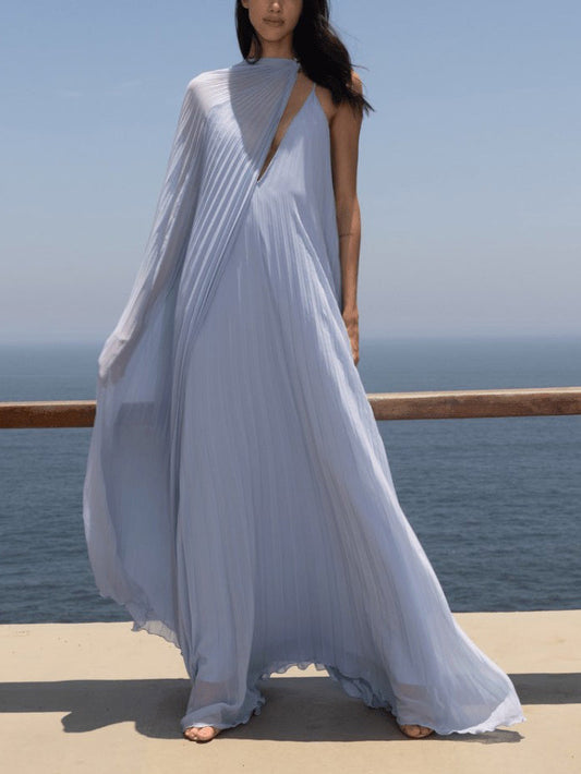 Elegant V-Neck Pleated Flowing Maxi Dress