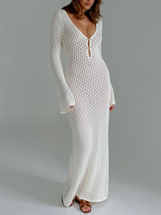Elegant Long-Sleeve Open-Back Cover-Up Maxi Dress