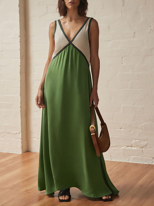 Chic V-Neck Color-Block Spliced Dress