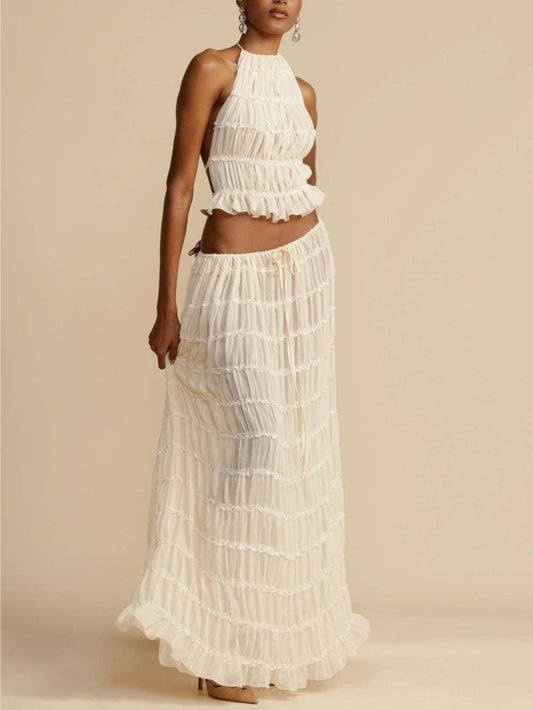 Pleated Tiered Maxi Skirt with Adjustable Drawstring Waist and Charming Detail