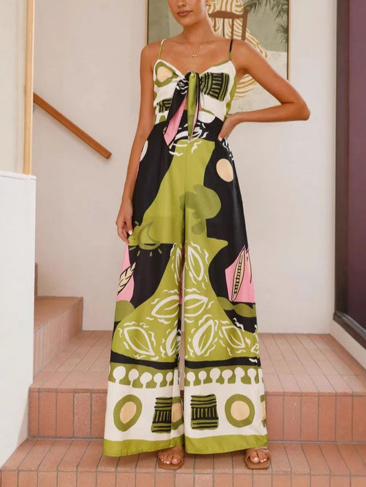Unique Painted Print Wide-Leg Jumpsuit with Suspenders