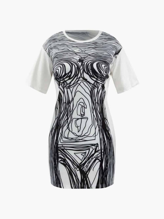 Abstract Line Print Short-Sleeve Mini Dress