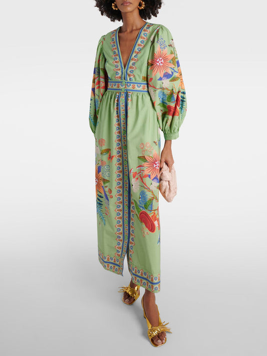 Elegant Floral V-Neck Single-Breasted Midi Dress