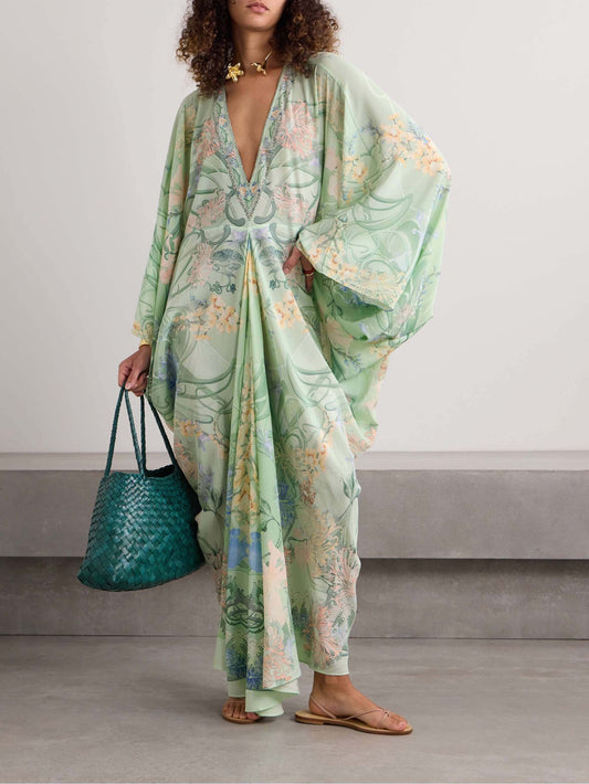 Elegant Floral Print V-Neck Oversized Midi Dress