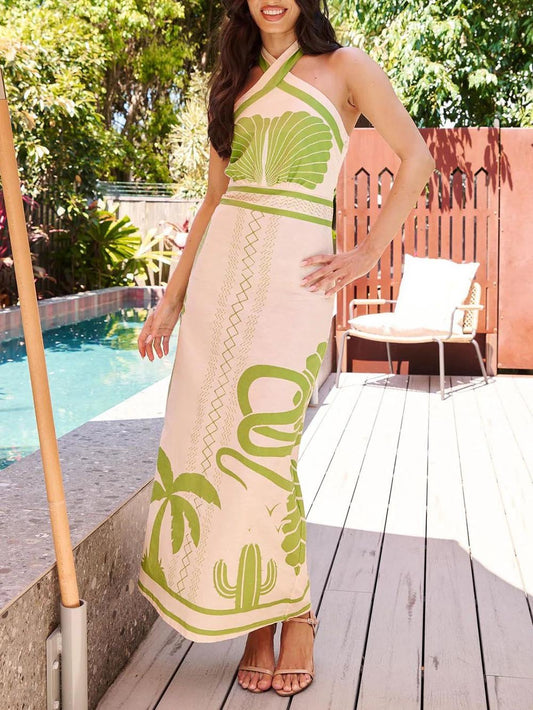 Elegant Ethnic Print Slim-Fit Halter-Neck Maxi Dress – Chic & Alluring Style